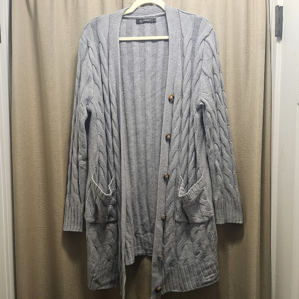 Gray Cable Knit Cardigan Sweater